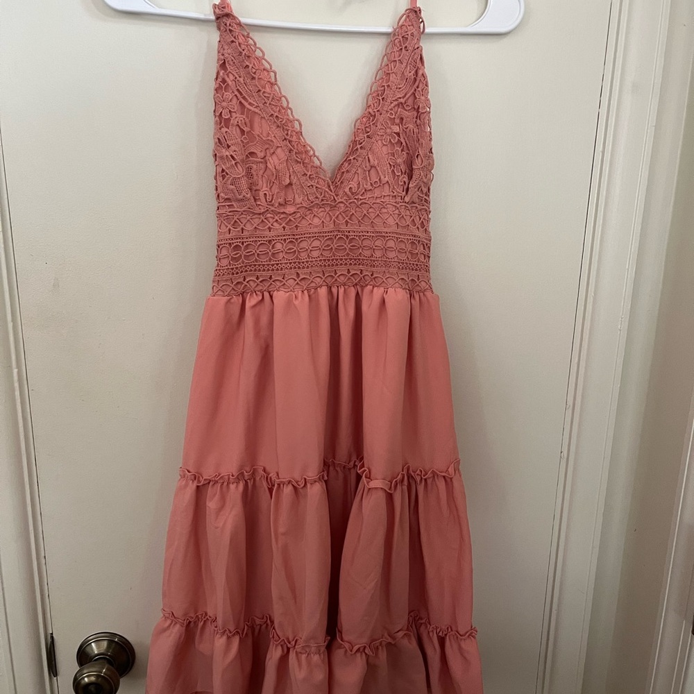 Ecowish crocheted halter tie pink dress with open back. size s